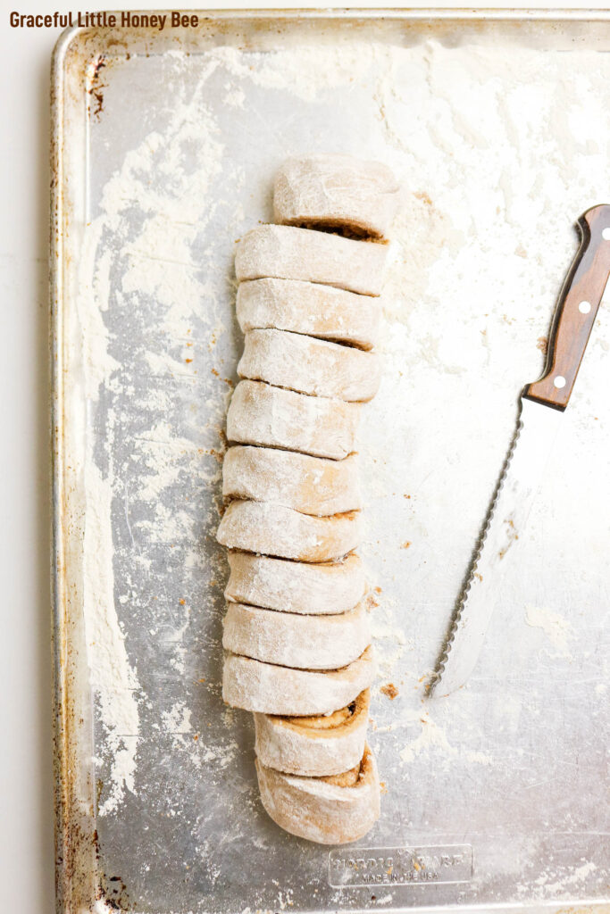 Cinnamon roll dough cut into slices.