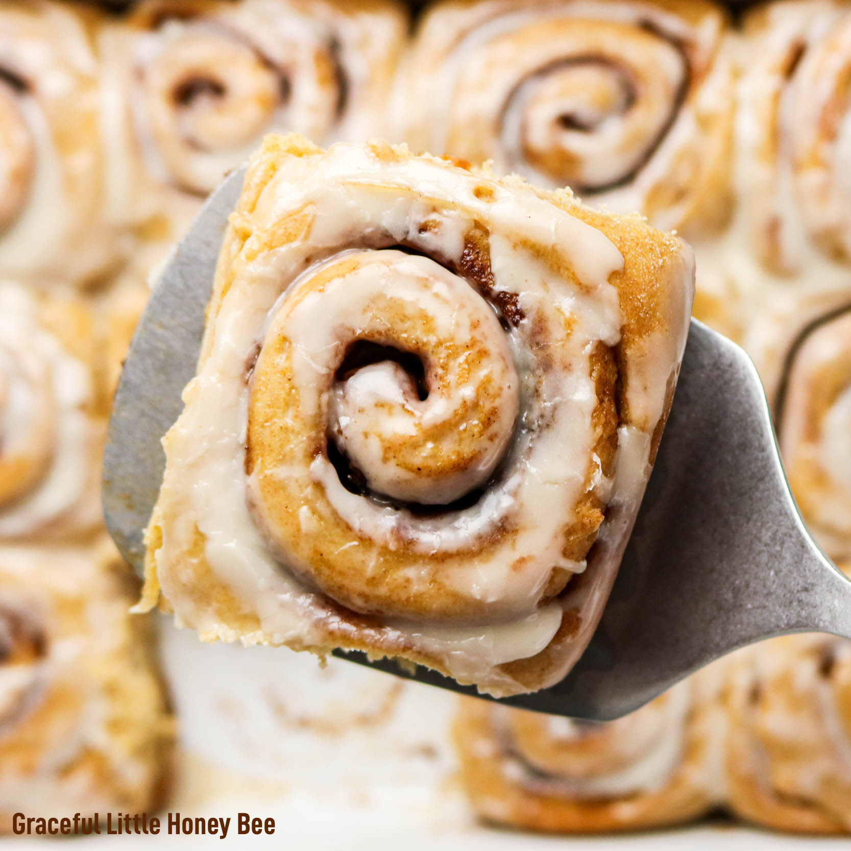 Close up view of freshly baked and iced cinnamon roll.