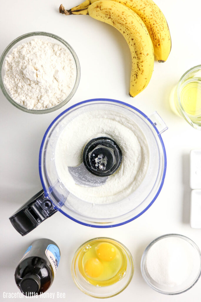 Top view of mixer with blended cottage cheese.