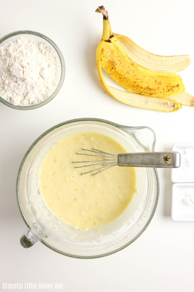 Mixing bowl with mixed wet ingredients.