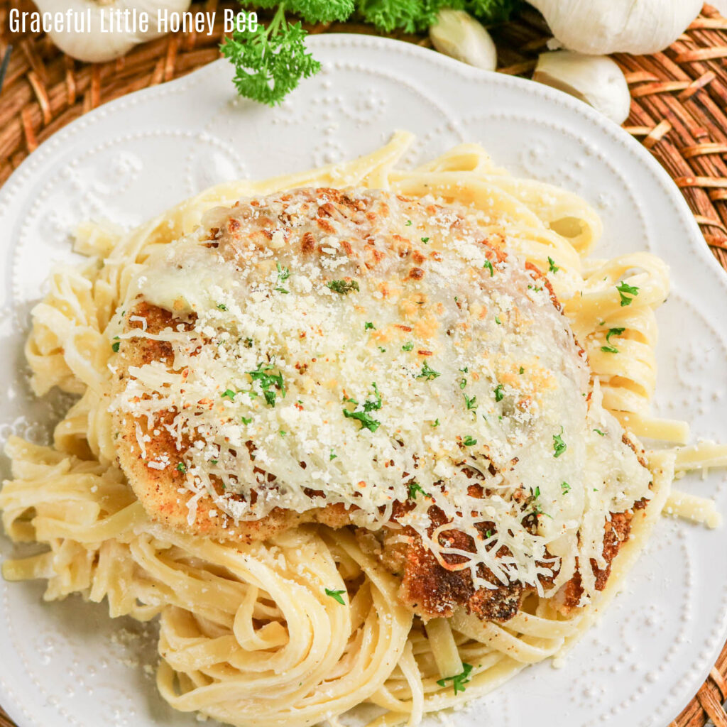 Noodles drenched in Alfredo sauce topped with a crispy chicken cutlet and melty cheese on a white plate.