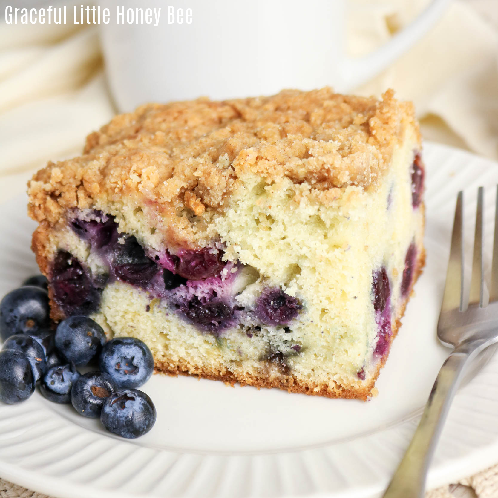 Slice of coffee cake sitting on a white plate garnished with fresh blueberries.