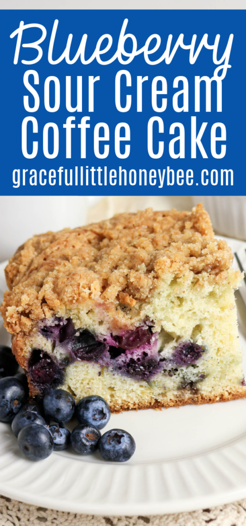 Slice of coffee cake sitting on a white plate garnished with fresh blueberries.